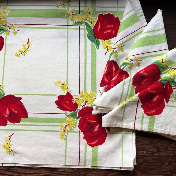 Wilendur Tablecloth and 4 Napkin Set with Red Tulip Plaid Visible Mended with Embroidery