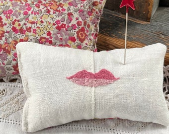 Handmade Pincushion with an Embroidered Kiss Liberty of London Backing