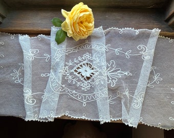 Vintage Tambour Embroidered Table Runner in Cream Cotton Tulle