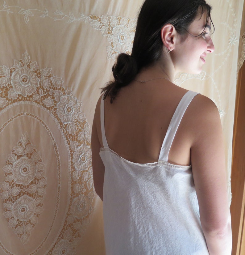 Linen Bias Slip Nightie with Antique Lace Trim Size ML by Mary Pearl/'s Vintage