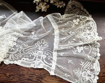 Antique Princess Lace Shawl/ Wedding Wrap in Cotton with Ruffled Ends