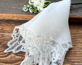Antique Handkerchief in Cotton Batiste with Battenburg Lace Trim