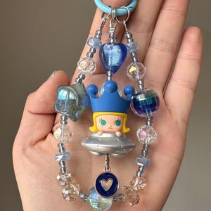 Popmart Molly  Authentic Pop Bean Spaceship Beaded Phone Charm and Bag Charm in Blue