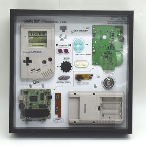 May include: A framed display of a disassembled Game Boy, showing the individual components of the handheld console. The display includes the original Game Boy, the circuit board, buttons, and other parts. The text "GAME BOY INTRODUCED 1989" is visible at the top of the display.