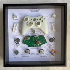 May include: A disassembled Xbox 360 controller displayed in a black frame. The controller is separated into its individual components, including the faceplate, buttons, triggers, bumpers, and logic board. The release dates for the console are listed: North America - November 2005, Europe - December 2005, Japan - December 2005.