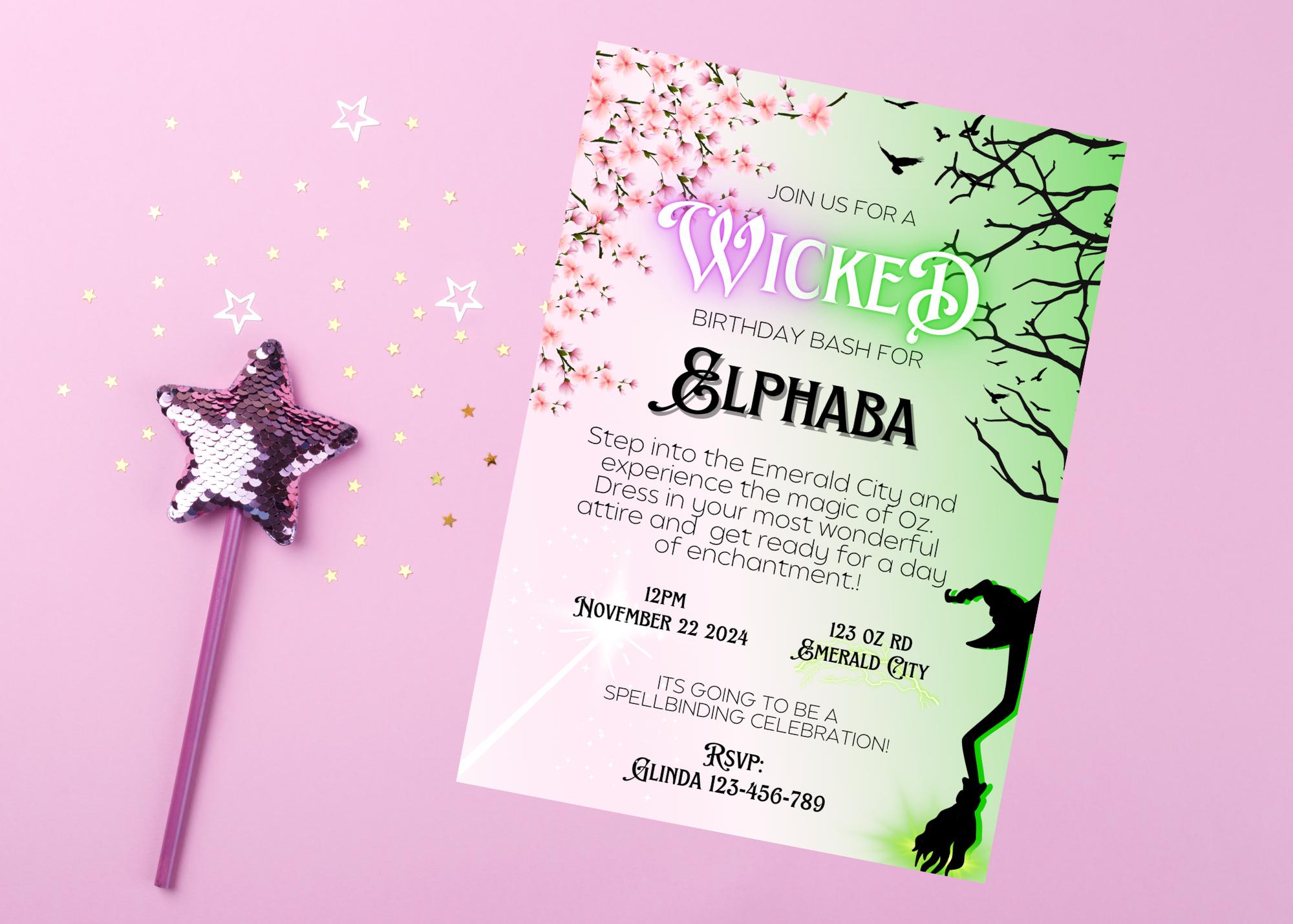 Invitation Cards Birthday For Kids Wicked Birthday Party Invitation | Pink  And Green Party | Wicked Musical Party Invite | Wicked Wicked Merch, image size:2000x1429