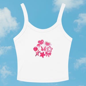 Y2K Pink Candy Graphic Microrib Camisole – Vintage Pastel Ribbed Cami Top – Retro Aesthetic Y2K Fashion