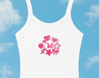 Top de tirantes con gráfico de caramelo Y2K: Top corto microacanalado rosa pastel