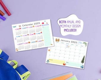 Calendrier pour enfants 2025 imprimable et modifiable, calendriers aquarelle, calendriers homeschool, calendriers pour enfants