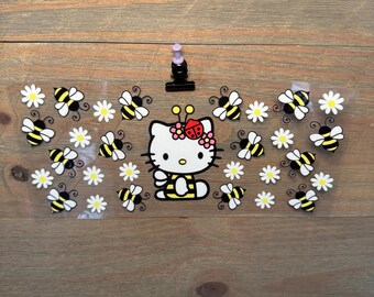 Hello Kitty Abeja Flor Sanrio / Niños 16oz UV DTF Vinilo para vasos – Calcomanía permanente e impermeable para vasos y tazas de vidrio Libbey / Bola de nieve