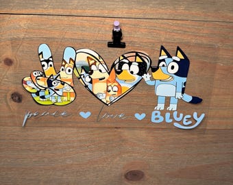 Peace Love Bluey | Disney 16oz UV DTF Cup Wrap – Waterproof Permanent Decal for Libbey Glass Cans, Tumblers & Cups | Snowglobe