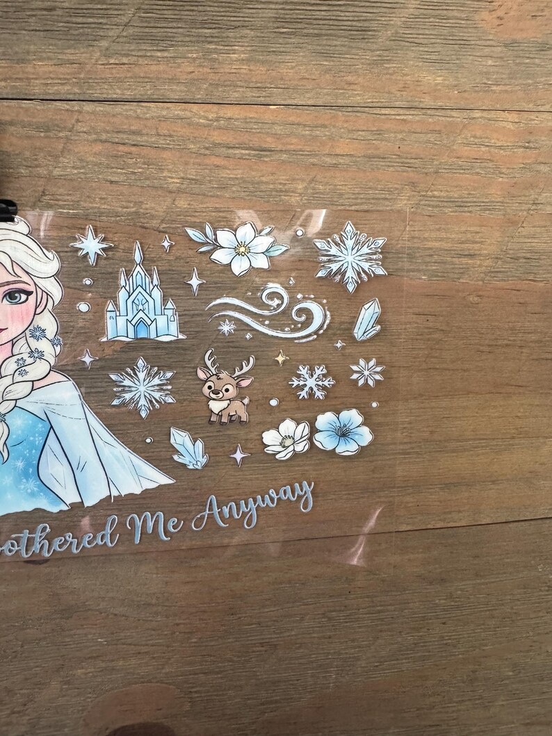 May include: A clear sticker sheet featuring a cartoon illustration of a princess in a blue dress, snowflakes, a castle, flowers, and a reindeer. The text "Bothered Me Anyway" is also included.