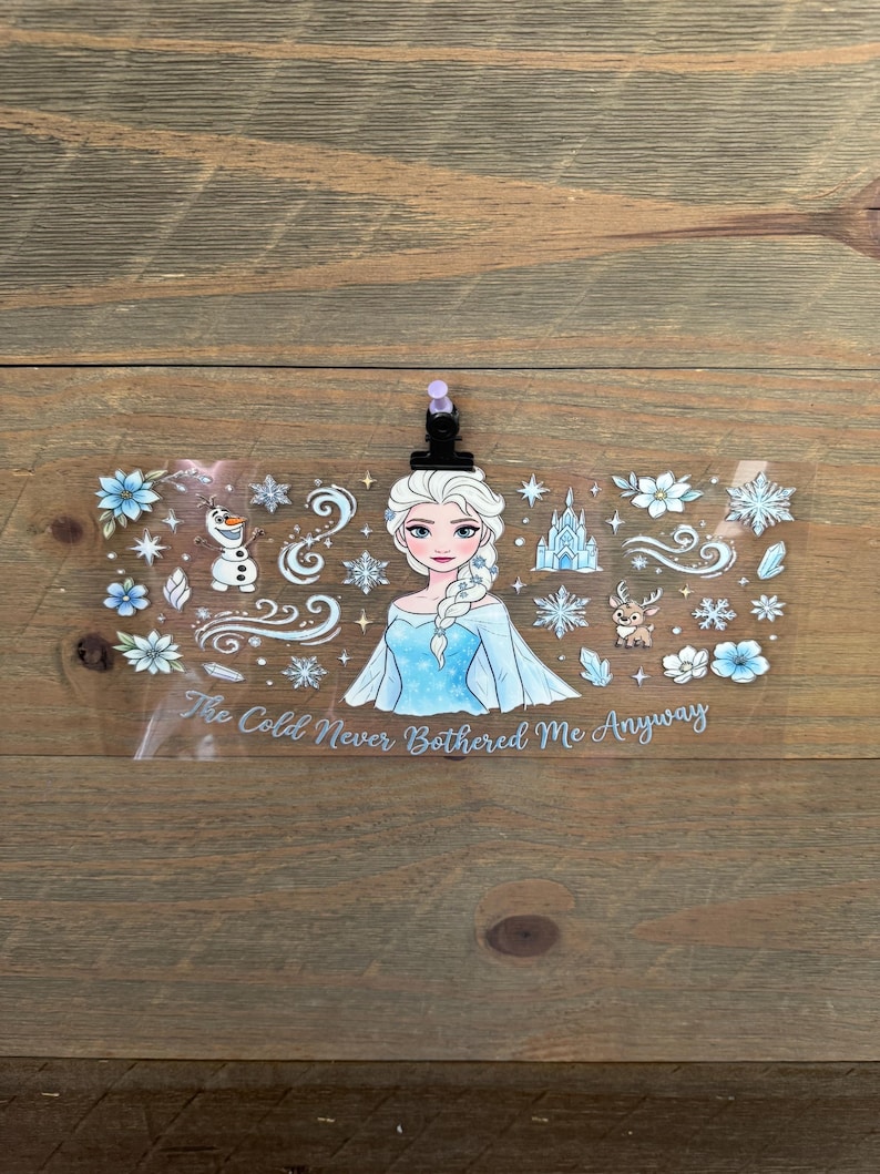 May include: A clear plastic luggage tag featuring a cartoon illustration of a woman with a blue dress and white hair. The tag includes snowflakes, flowers, and the text "The Cold Never Bothered Me Anyway."
