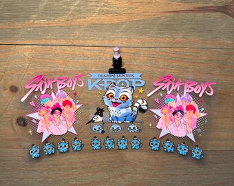 Saha Boys K-pop Demon Hunter Derpy / Huntrix 16oz UV DTF Cup Wrap – Calcomanía permanente e impermeable para vasos y tazas de vidrio Libbey / Snowglobe