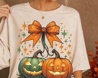 Retro Jack O Lantern PNG | Halloween Pumpkin Bow Clipart | Sparkle Jack O Lantern Design | Halloween Sublimation DTF Design
