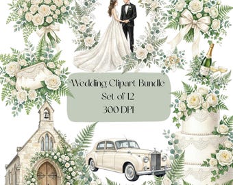 Paquete de imágenes prediseñadas de boda elegante: Novia, novio y pastel (descarga digital PNG)