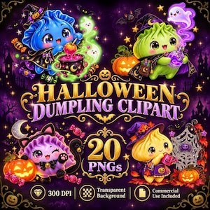 Ensemble d'images PNG de raviolis d'Halloween, cliparts alimentaires kawaii avec fonds transparents