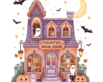 Haunted Book Nook PNG, Spooky Bookshop Shirt Design, Halloween Bookish Digital Download, Ghost Library, Transparent Background