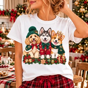 Weihnachtshunde (PNG), festliches Cockapoo-Husky-Corgi-Trio, süßes Hunde-Shirt-Design, transparenter digitaler Download, 300 dpi