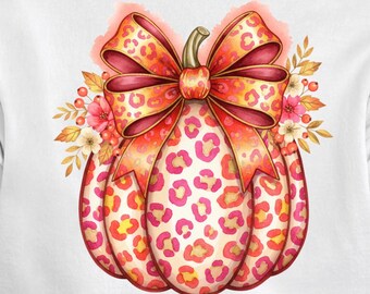 Leopardenmuster Kürbis PNG, Kokette Bogen Halloween Shirt Design, Aquarell Herbst Digitaler Download, Transparenter Hintergrund