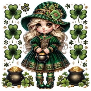 May include: A digital illustration of a leprechaun girl in a green dress and hat, holding a pot of gold. The image is decorated with shamrocks and gold coins, perfect for St. Patrick's Day. The girl has blonde hair and big brown eyes.
