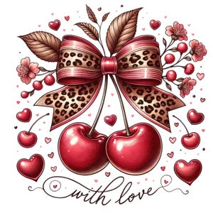 Può includere: Illustrazione di due ciliegie rosse con un fiocco con motivo leopardato. Il fiocco è rosso e marrone, con foglie e fiori. Le parole "with love" sono scritte in corsivo sotto le ciliegie, circondate da cuori.