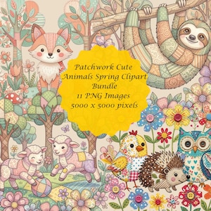 Könnte beinhalten: Ein digitales Clipart-Bundle mit Tieren und Frühlingsmotiven im Patchwork-Stil. Das Bild zeigt einen Fuchs, ein Faultier, Schafe, einen Vogel, eine Eule und einen Igel, umgeben von Blumen und Bäumen. Der Text lautet "Patchwork Cute Animals Spring Clipart Bundle".