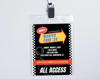 May include: A black and white checkered lanyard with a yellow and red event invitation. The invitation says "You're Invited! Warped Four '24" with the date and time of the event, Sunday, March 3, 2024, 1:00-5:00PM. The location is Fun Place Park, 1234 Street Ave, Somewhere, AL. The invitation also says "RSVP to me by February 25 at 555 555 5555" and "All Access".