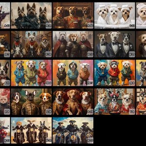 May include: A collection of twenty-four distinct rectangular art prints featuring anthropomorphic dogs and cats in various costumes and settings, including military, formal, casual, and traditional attire, each labeled with a unique alphanumeric code.
