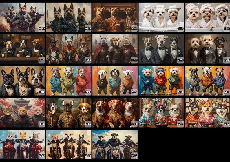May include: A collection of twenty-four distinct rectangular art prints featuring anthropomorphic dogs and cats in various costumes and settings, including military, formal, casual, and traditional attire, each labeled with a unique alphanumeric code.