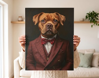 May include: A rectangular canvas print featuring a portrait of a brown dog with floppy ears wearing a dark red plaid double-breasted suit jacket, a white collared shirt, and a matching red patterned bow tie against a dark background.