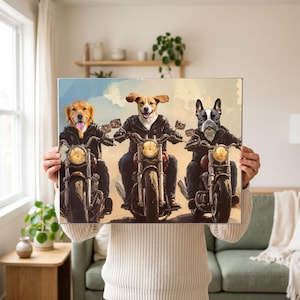 Multiple Pet Portrait in Motorcycle, Custom Biker Dog Portrait, Painting from Photo