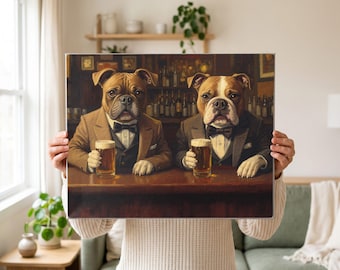 May include: A rectangular wall art print depicting two anthropomorphic bulldogs wearing brown and black suits with bow ties, sitting at a wooden bar counter. Each dog holds a glass of beer, with a blurred background of a pub shelf filled with bottles.