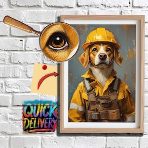 Construction Worker Dog Portrait: Custom Pet Art
