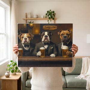Bar Wall Art of Three Dogs with Pints, Beer Art Print of Your Pets, Home Bar Decor Gift for Dog Moms, Custom Pet Decor from Your Photos