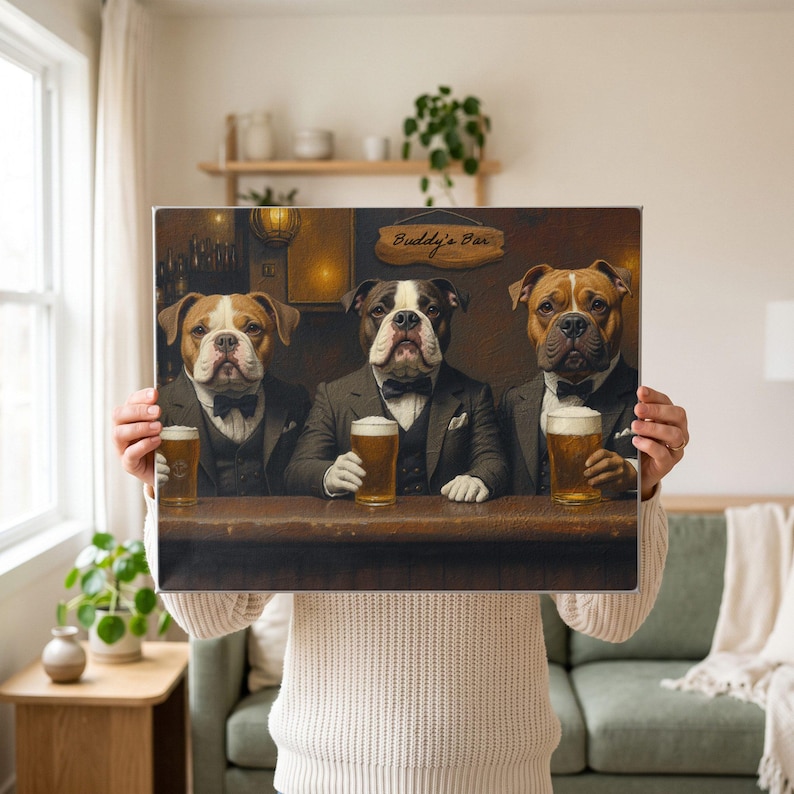 Bar Wall Art of Three Dogs with Pints, Beer Art Print of Your Pets, Home Bar Decor Gift for Dog Moms, Custom Pet Decor from Your Photos