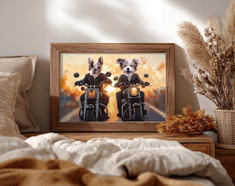 Custom Biker Pet Portrait, Couple Motorcycle Dog Art