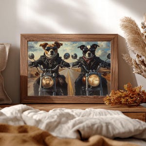 Couple Biker Pet Portrait, Custom Two Dogs Motorcycle Art, Funny Pet Gift