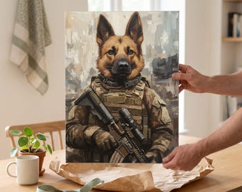 Lámina decorativa de pared con diseño de perro de infantería, arte moderno de un perro con uniforme de combate, regalos personalizados para dueños de perros, impresión en lienzo personalizada de tu mascota a partir de tu foto.