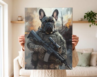 Infantry Dog Wall Art Print, One Pet Modern Dog Art in Combat Kit, Custom Dog Gifts for Owners, Custom Pet Canvas Print from Your Photo