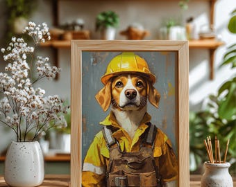 Construction Worker Dog Portrait, Funny Builder Dog, Coworker Pet Art