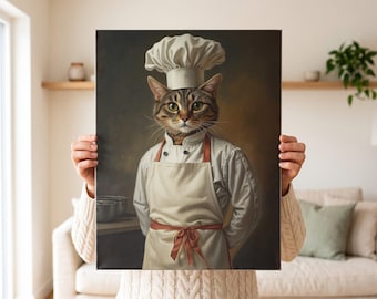 Custom Cat Portrait in a Chef Hat and Apron, Personalized Cat Art for the Kitchen, Funny Cat Lover Gift, Custom Pet Drawing from Your Photo
