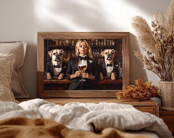 Multiple Dog Drinking Beer in Irish Pub, Funny Pet & Human Bar Portraits