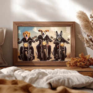 Multiple Pet Portrait in Motorcycle, Custom Biker Dog Portrait, Painting from Photo