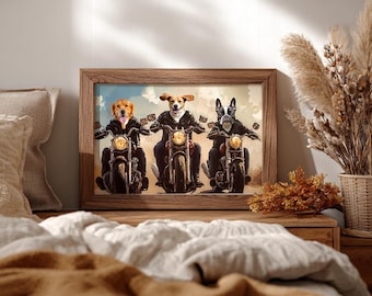 Multiple Pet Portrait in Motorcycle, Custom Biker Dog Portrait, Painting from Photo