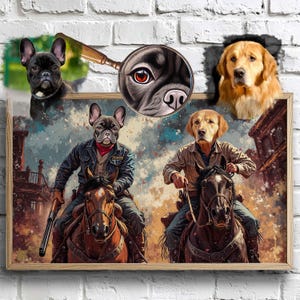 Cowboy Haustier Porträt, Paar Western Pferderücken Hund Kunst