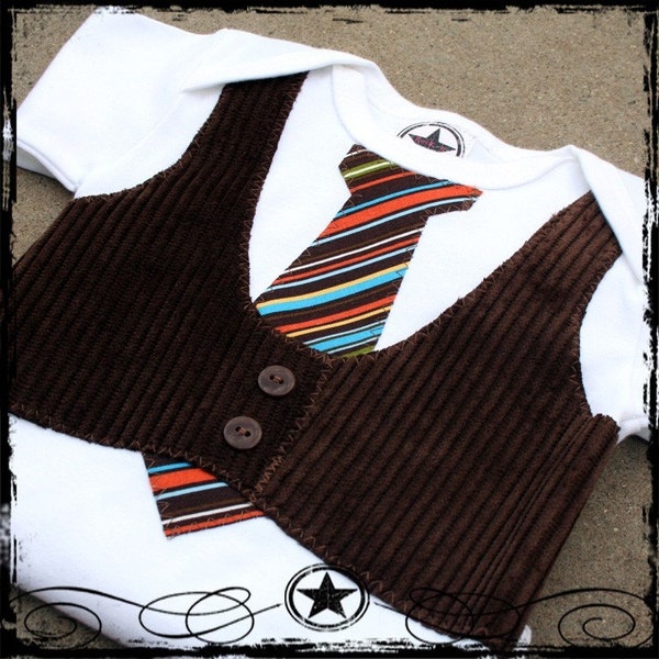 Brown Corduroy Vest -- Brown Stripe Tie -- White Short Sleeve