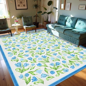 Blue Spring Digital Printed Rug, Washable Non Slip Decorative Carpet, Rugs For Living Room