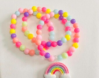 Colorful Beaded Bracelet Set for Girls: Rainbow Charm, Stretchy Kids Jewelry