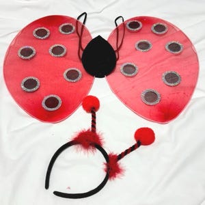 Op de afbeelding: Een lieveheersbeestje kostuumset, met rode vleugels met zwarte en zilveren accenten, een zwarte hoofdband met rode pompons en een zwart middendeel. De vleugels zijn ongeveer 46 cm breed.